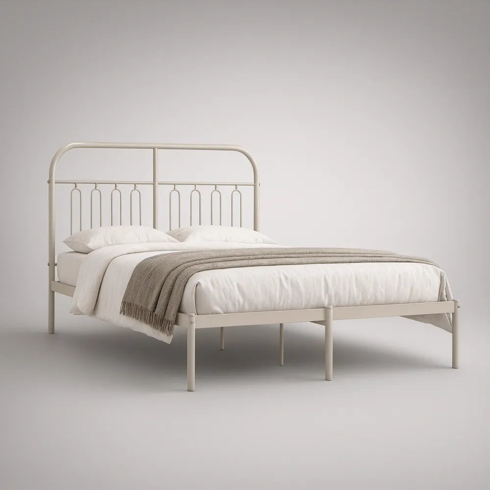 Queen Ivory Metal Platform Bed Frame with Headboard and Footboard, 62 x 82 in