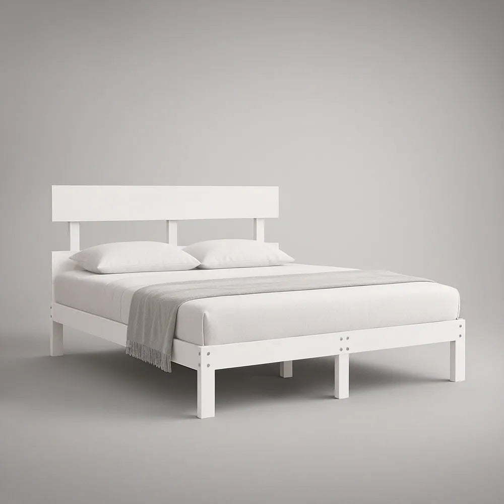 Queen White Engineered Wood Platform Bed Frame with Headboard, Fits 80 x 60 in Mattress
