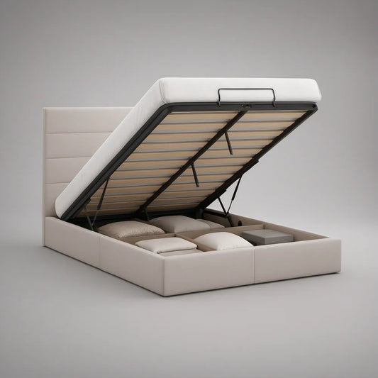 Queen White PU Leather Lift-Up Storage Bed Frame, 84 x 64 x 48 in