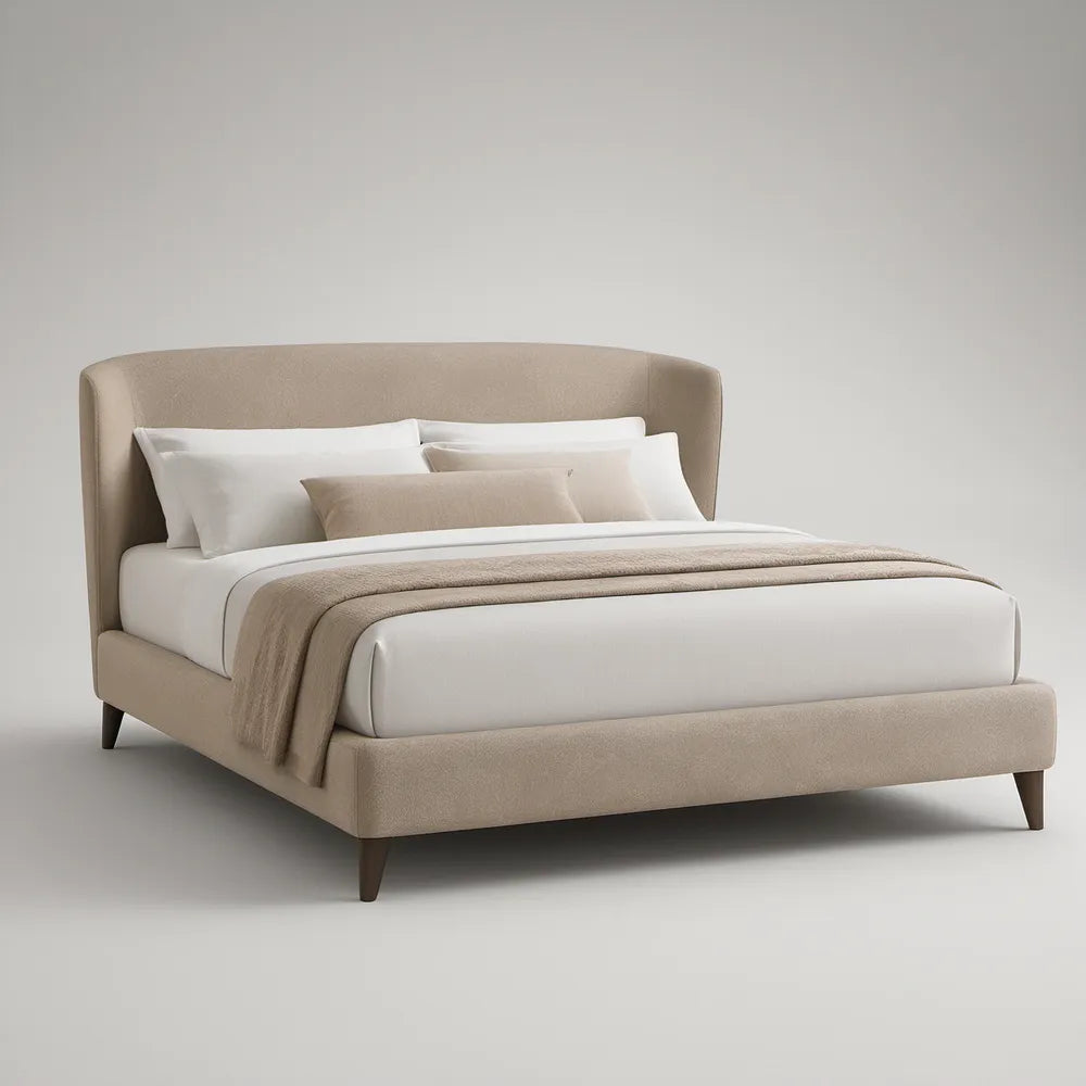 Queen Upholstered Platform Bed Frame with Curved Beige Headboard and Dark Brown Legs, 65 x 87 x 45 in