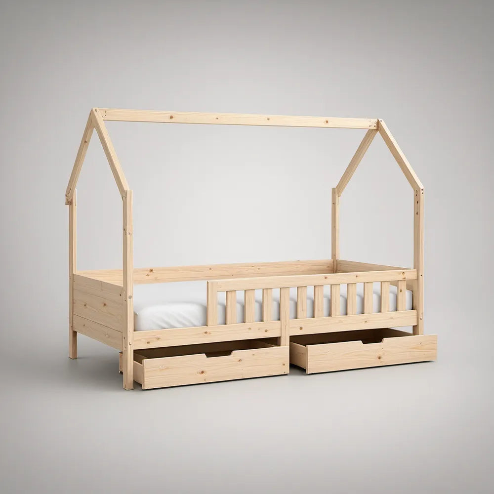 Twin Natural Pine House Bed Frame with 2 Storage Drawers, 79.1 x 41.7 x 68.9 in