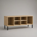 Natural Oak and Black 6-Cubby Open Storage Cabinet with Steel Legs, 47.2 x 15.7 x 25.6 in
