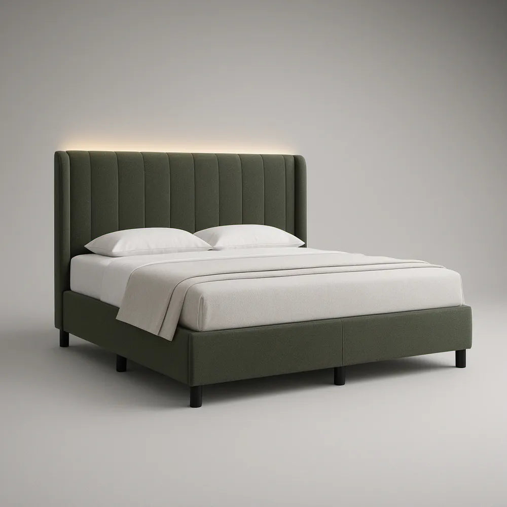 Queen Upholstered Platform Bed Frame, 64 x 85 x 48 in, Vertical Channel-Tufted Headboard, Dark Green/Black