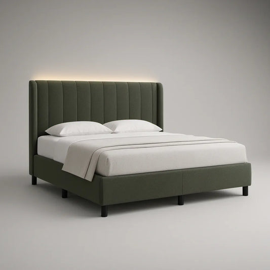 Queen Upholstered Platform Bed Frame, 64 x 85 x 48 in, Vertical Channel-Tufted Headboard, Dark Green/Black