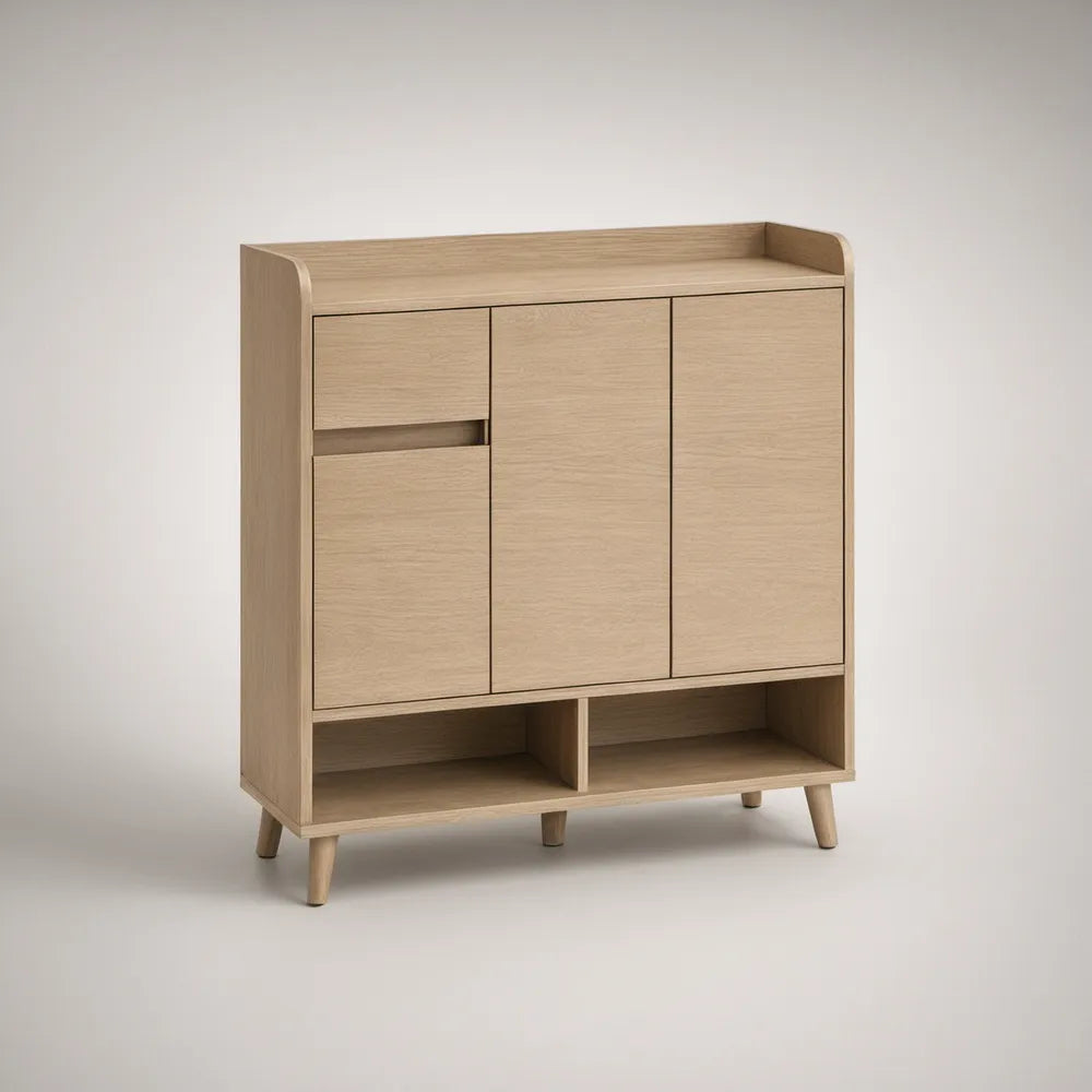Light Oak Shoe Storage Cabinet, 31.5 in W x 13.8 in D x 43.3 in H, MDF and Rubberwood