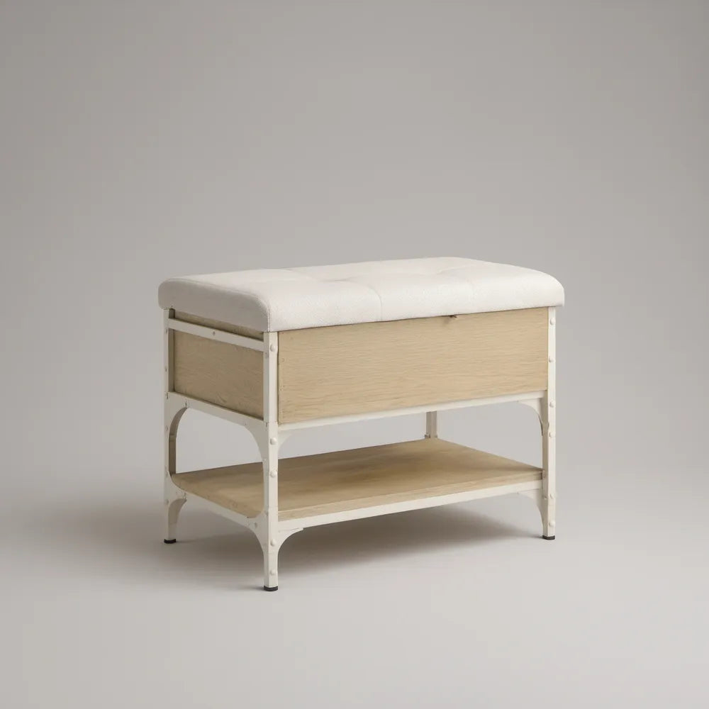 White and Natural Oak Shoe Storage Bench with Padded Seat, 31.5 x 13.8 x 19.7 in