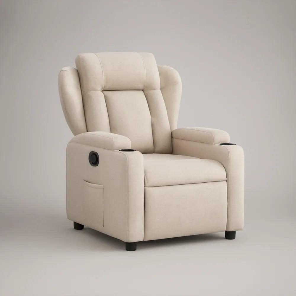 Beige Manual Recliner with Cup Holders, Side Pocket and Extendable Footrest, 38 x 39 x 41 in