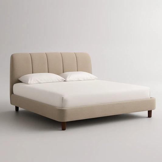 Queen Upholstered Platform Bed Frame, 65 x 86 x 46 in, Beige with Dark Brown Legs