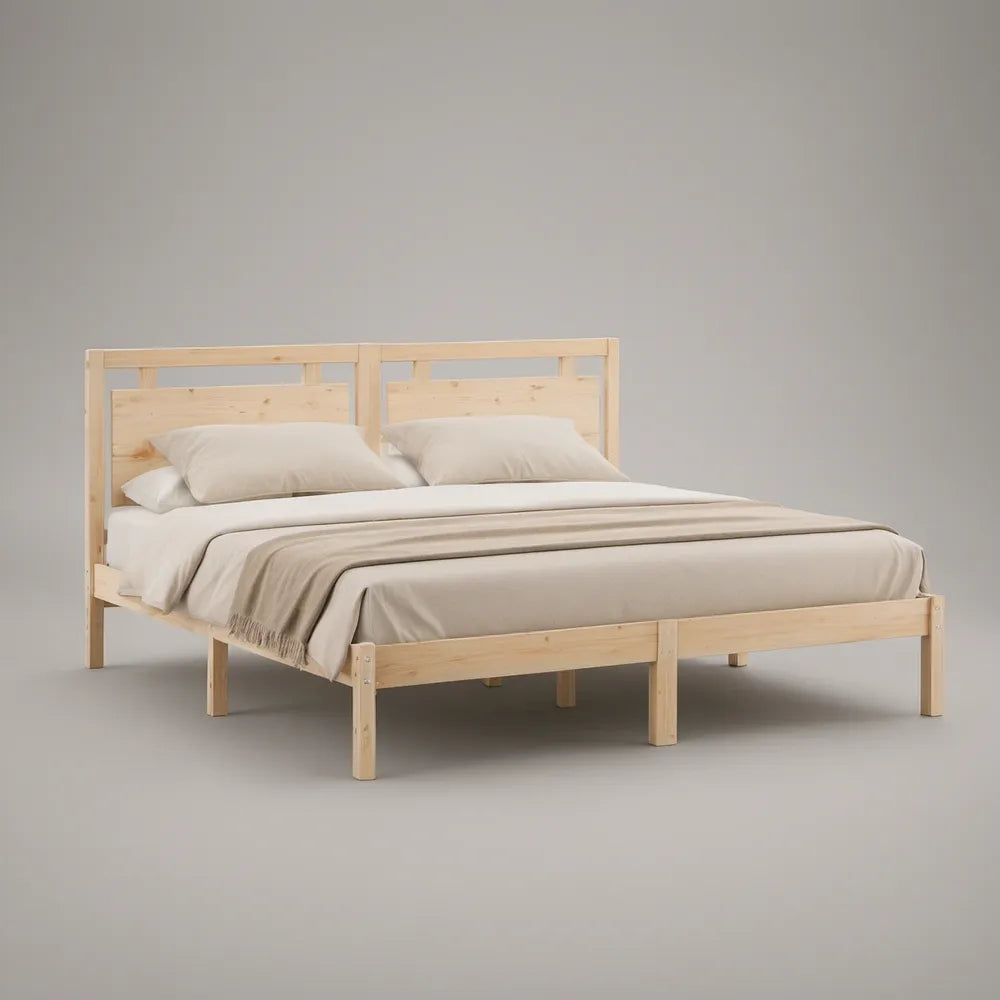 Natural Solid Pine Queen Platform Bed Frame, 85 x 64 x 39 in
