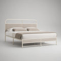 Queen Steel Platform Bed Frame with Upholstered Headboard and Footboard, White/Light Beige, 82 x 63 x 43 in
