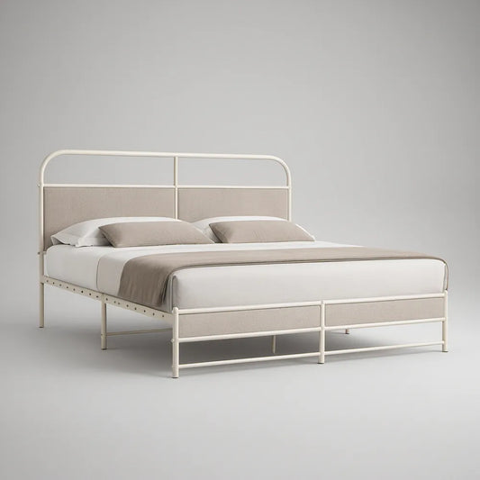 Queen Steel Platform Bed Frame with Upholstered Headboard and Footboard, White/Light Beige, 82 x 63 x 43 in