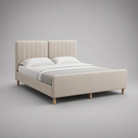 Queen Beige Upholstered Platform Bed, 64 x 85 x 48 in