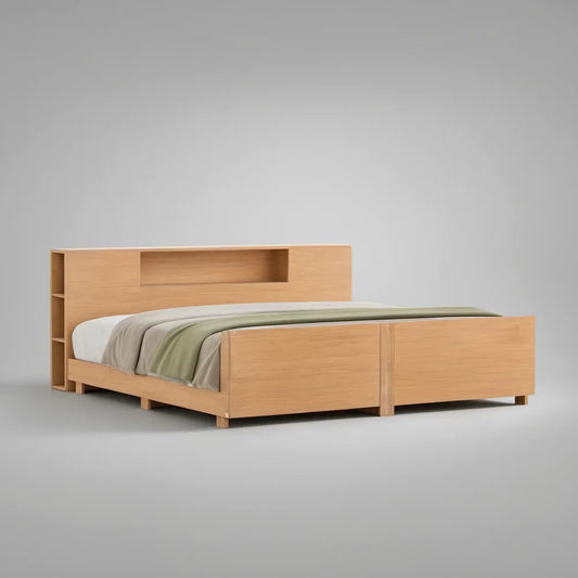 Natural Oak Queen Storage Bed Frame with Headboard Shelf, 87 x 65 x 39 in