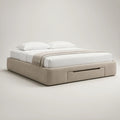 Queen Beige Upholstered Platform Storage Bed with Footboard Drawer, 86 x 66 x 14 in
