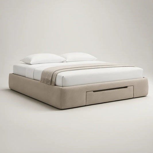 Queen Beige Upholstered Platform Storage Bed with Footboard Drawer, 86 x 66 x 14 in