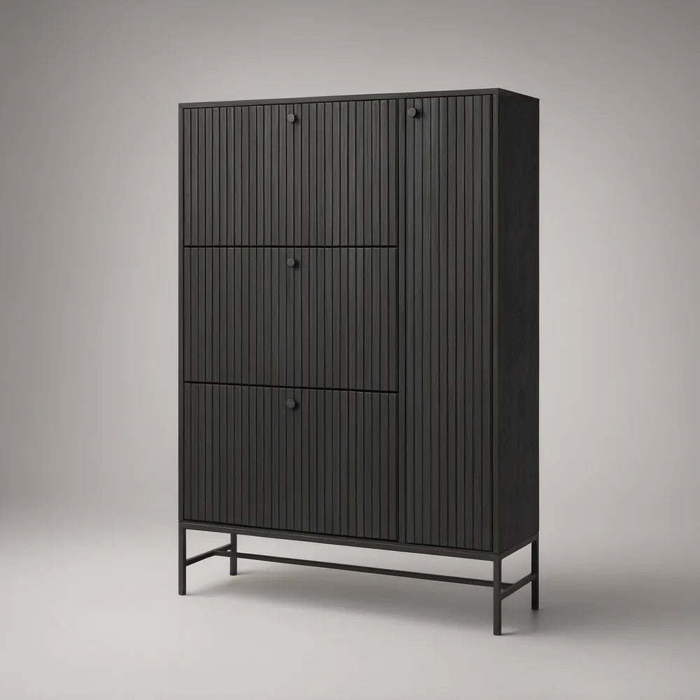 Black 3-Door Ribbed MDF Storage Cabinet with Steel Frame, 31.5 x 15.7 x 63 in