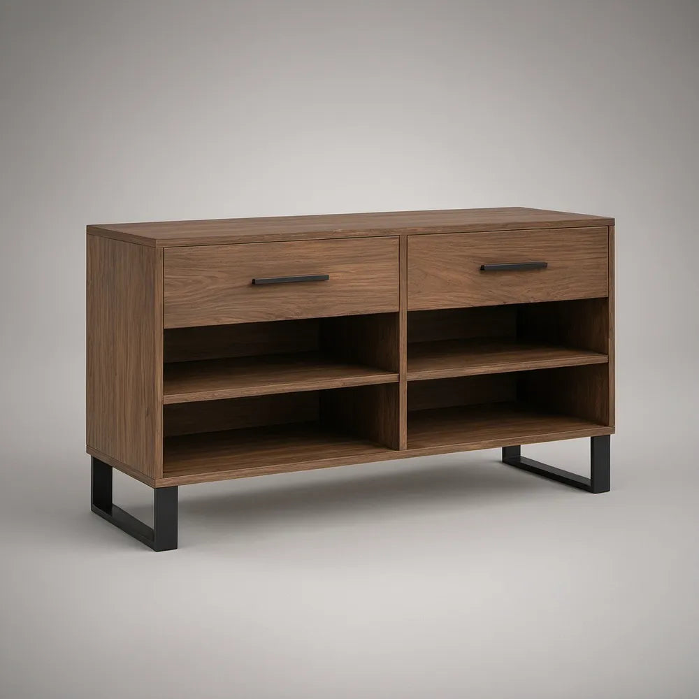 Walnut Brown and Black Shoe Storage Cabinet, 47.2 in W x 15.7 in D x 31.5 in H, with 2 Drawers and 4 Open Shelves