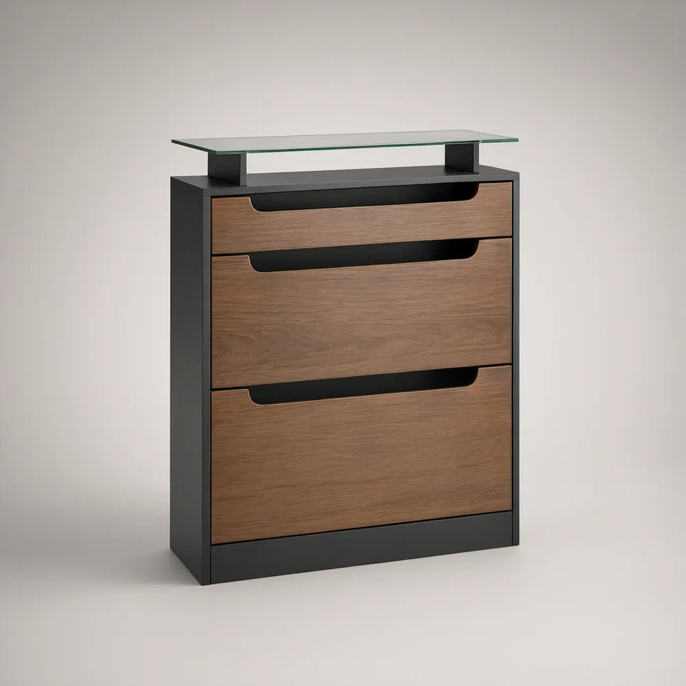 3-Compartment Walnut and Black Shoe Cabinet with Clear Tempered Glass Shelf, 31.5 x 11.8 x 42.1 in
