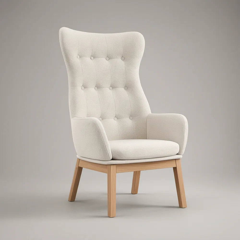 Cream Tufted Wingback Chair with Natural Rubberwood Legs, 30 x 34 x 43 in