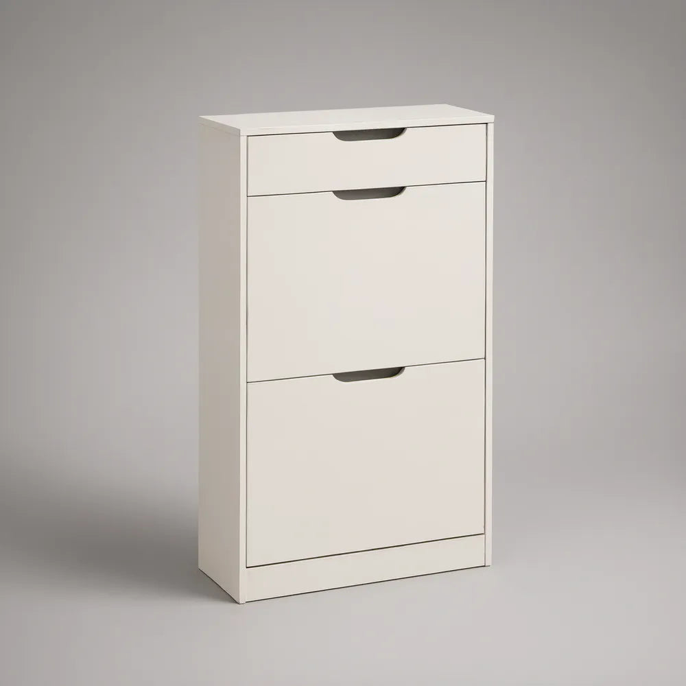 White Particleboard Shoe Storage Cabinet with Drawer and 2 Flip Compartments, 23.6 x 9.4 x 43.3 in