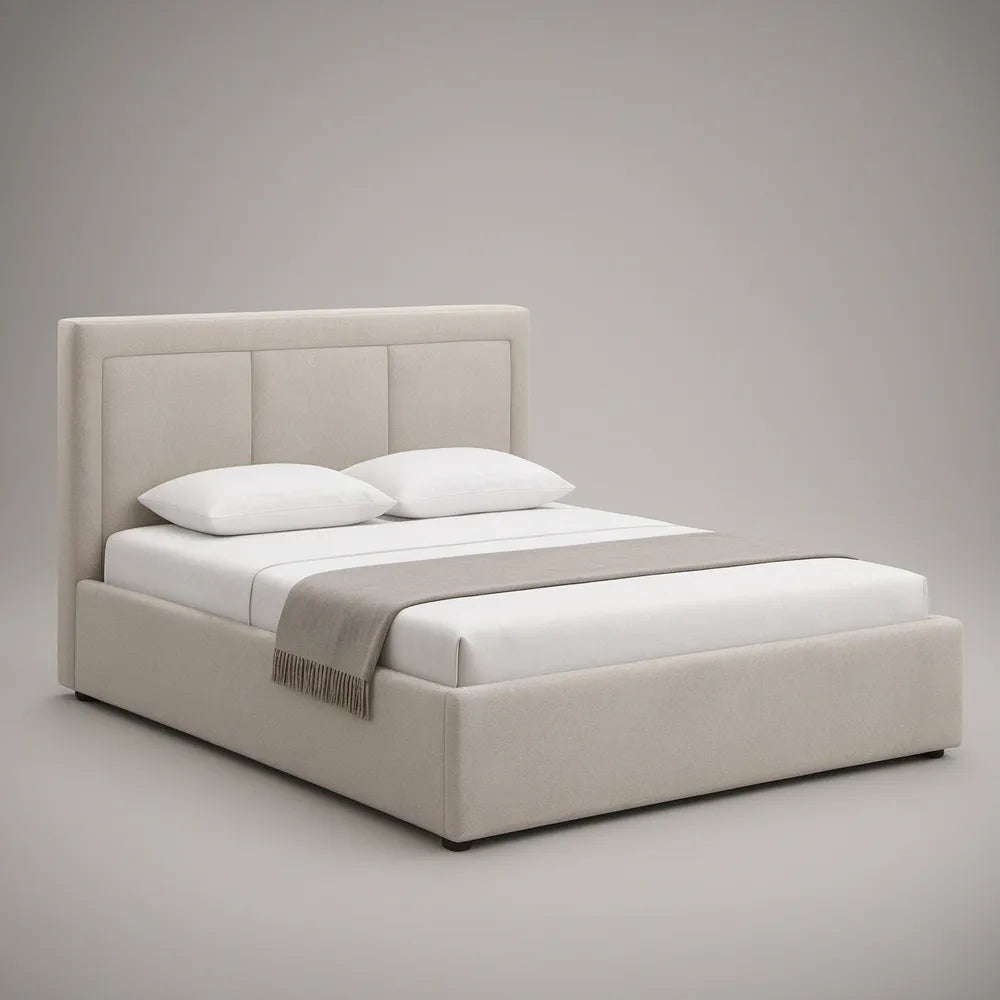 Beige Queen Upholstered Platform Bed Frame, 64 in W x 86 in L x 48 in H
