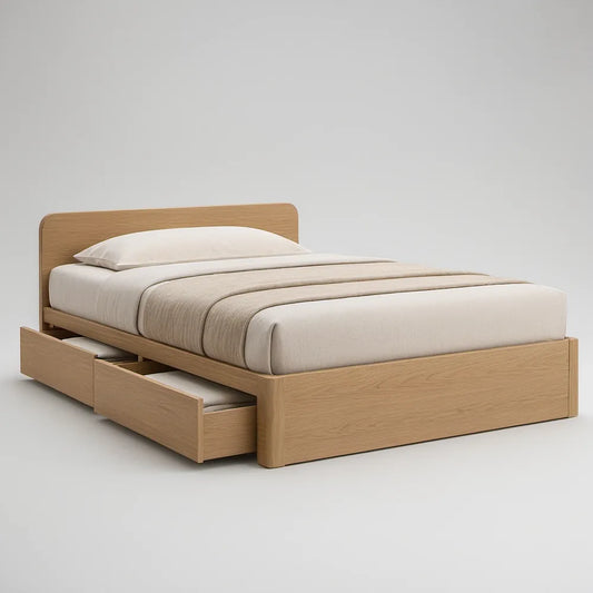 Queen Natural Oak Storage Bed Frame with 2 Drawers, 84 x 64 x 40 in