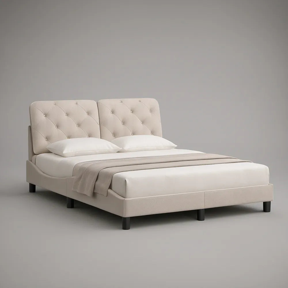 Cream Upholstered King Platform Bed Frame with Tufted Headboard and Black Legs, 79.5 x 84 x 50 in