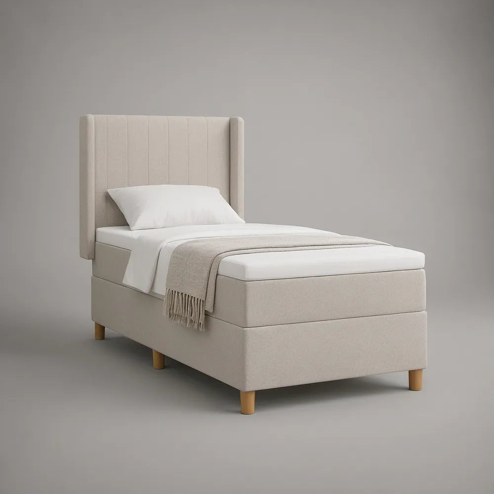 Twin Ivory Upholstered Bed Frame with Vertical Channel Headboard, 41 x 80 x 51 in