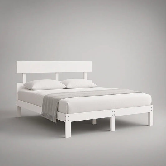 Queen White Engineered Wood Platform Bed Frame with Headboard, Fits 80 x 60 in Mattress