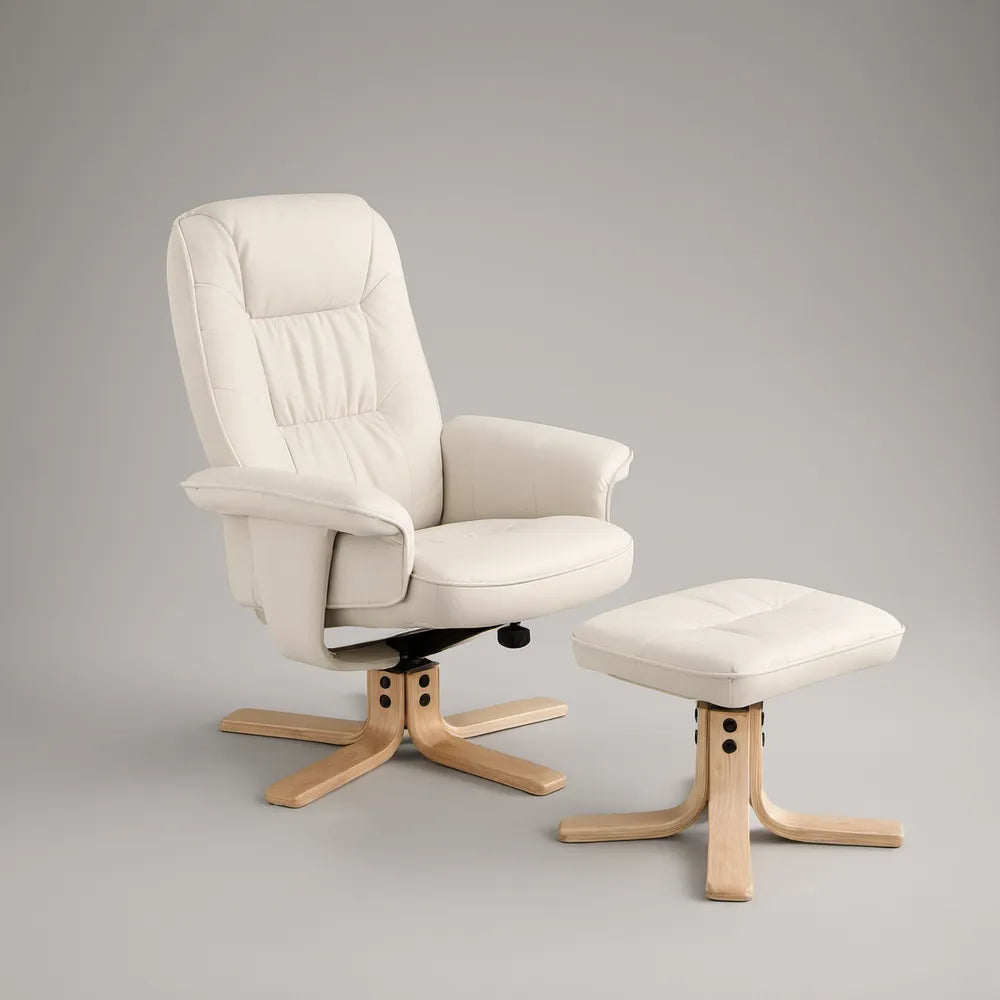 Cream PU Leather Manual Recliner with Ottoman, Swivel Birch Wood Base, 30.3 x 31.5 x 40.9 in