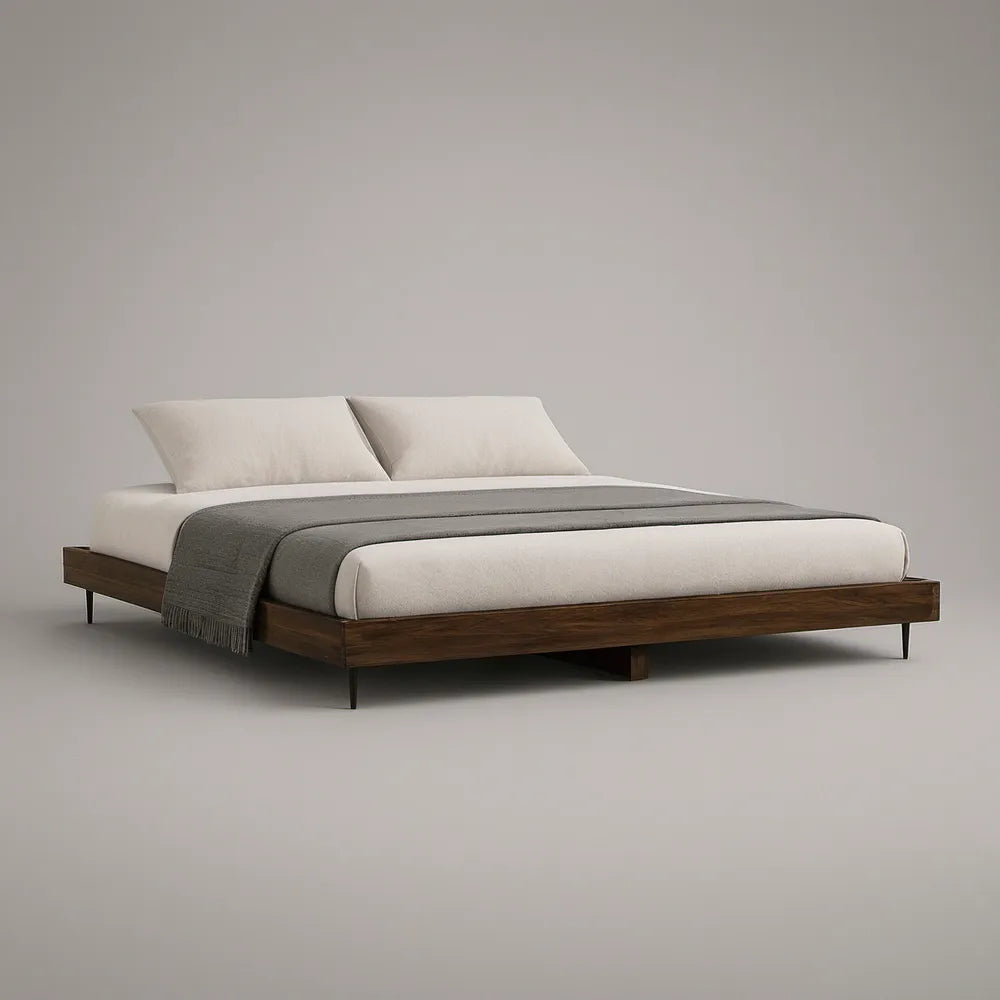 Queen Low-Profile Solid Rubberwood Bed Frame, Dark Walnut, 84 x 64 x 12 in